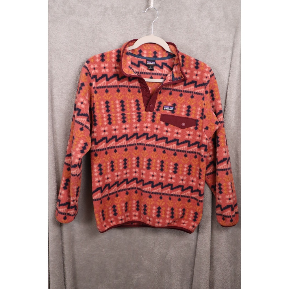 Patagonia Kids XL 14 Synchilla Snap Aztec Fleece Pullover Geometric Coral Orange